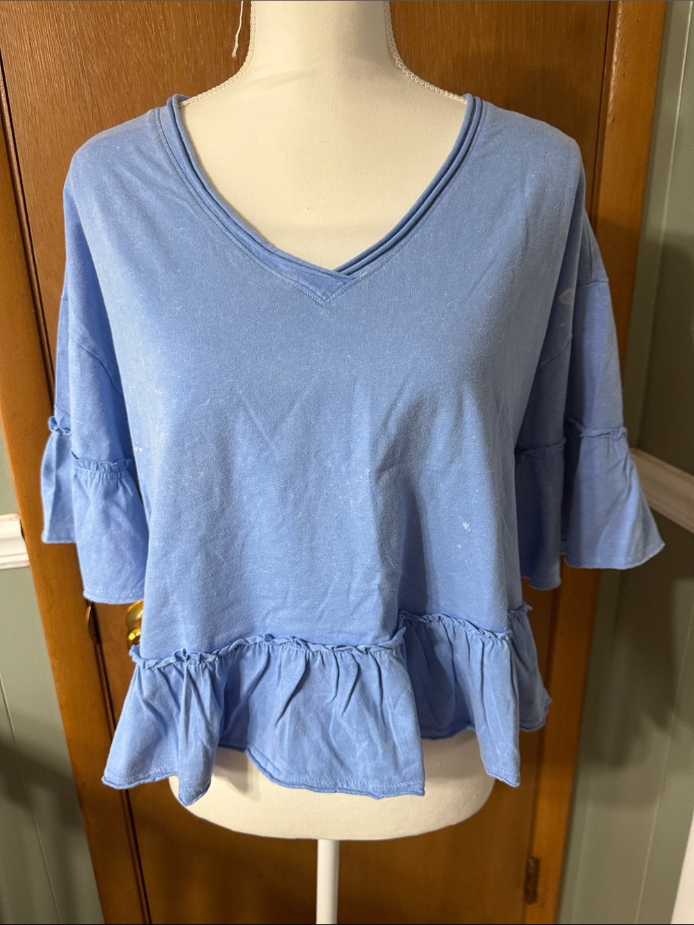 NewIn VeryJ Light Blue V-Neck Ruffle Peplum Top Size M